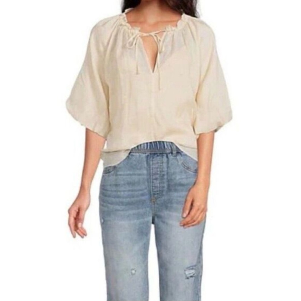 EVERY Clothing 100% Ramie Peasant Top with Puffer Sleeves